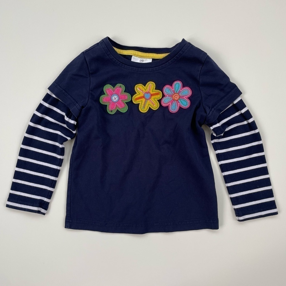 Hanna Andersson Little Girls Navy Striped Floral Long Sleeve Tee Size 4